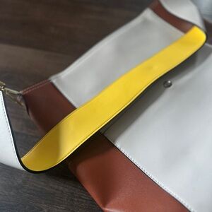 Stylish White and Brown Tote Bag with Yellow Strap